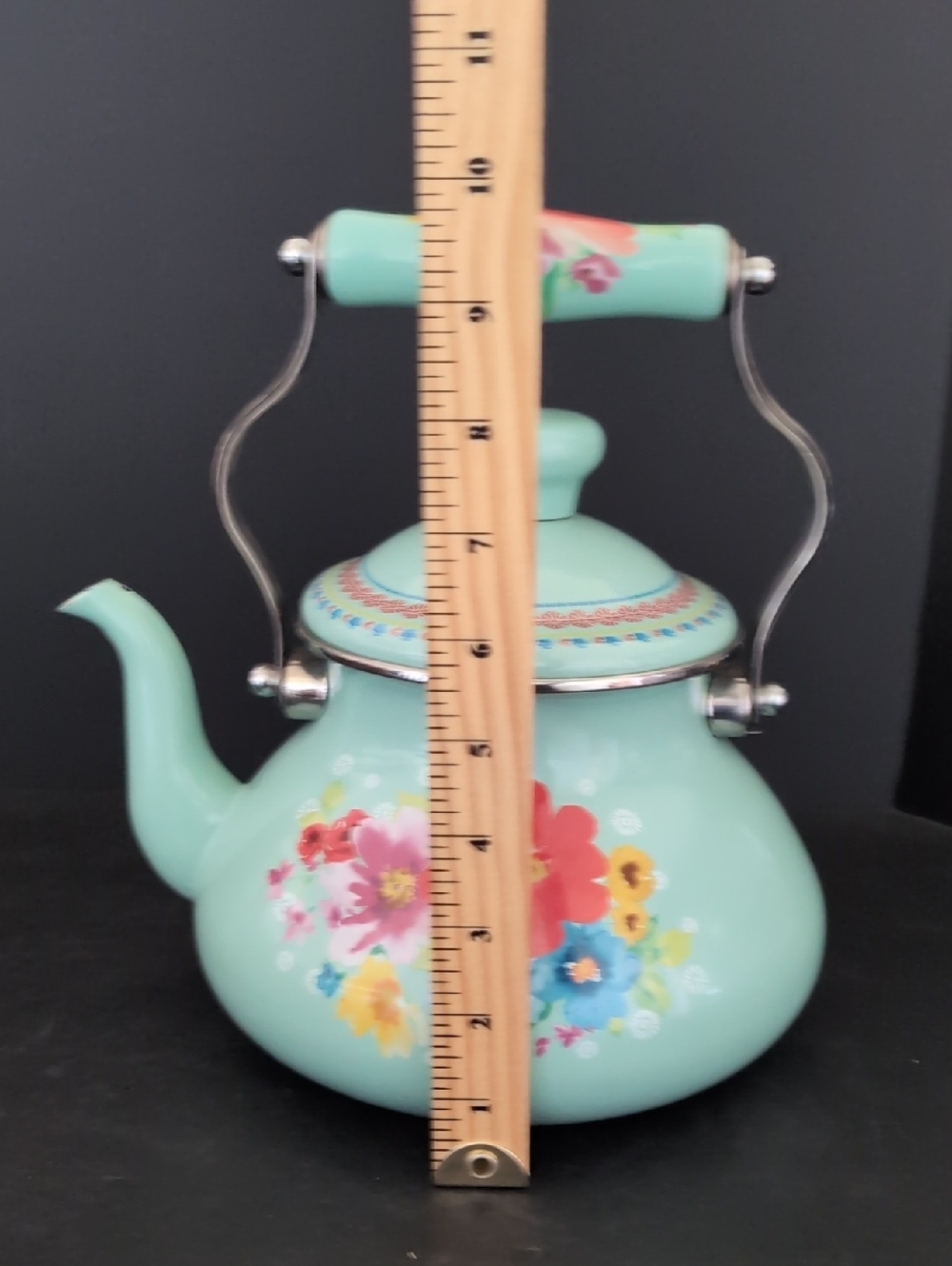 The Pioneer Woman Enamel/Steel Breezy Blossom Turquoise Tea Pot. - Picture 2 of 11